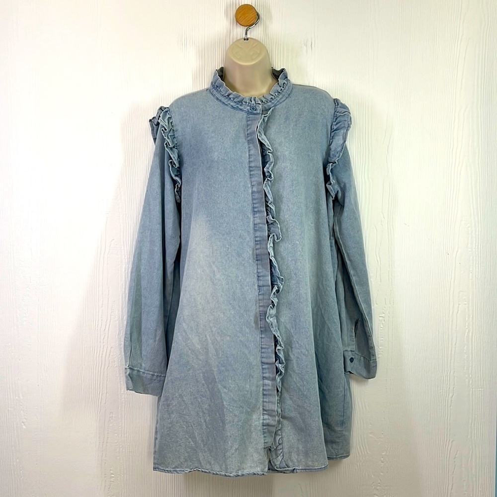 Mazik - Time To Shine Denim Washed Out Blue Ruffle Detail With Pockets Dress Med